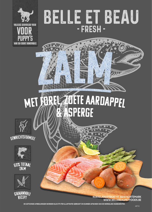 ZALM MET FOREL, ZOETE AARDAPPEL EN ASPERGE PUPPY GROOT