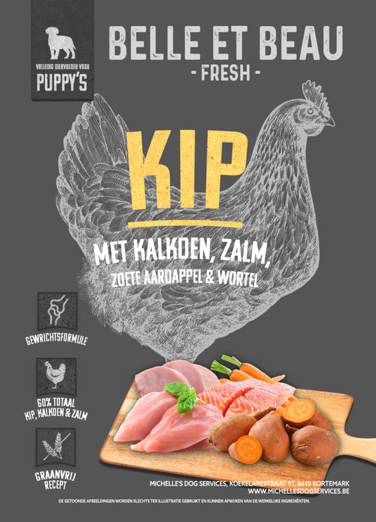 KIP MET KALKOEN, ZALM, ZOETE AARDAPPEL EN WORTEL