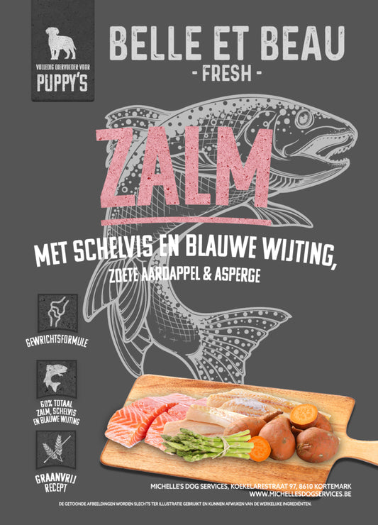 ZALM MET SCHELVIS EN BLAUWE WIJTING, ZOETE AARDAPPEL EN ASPERGE